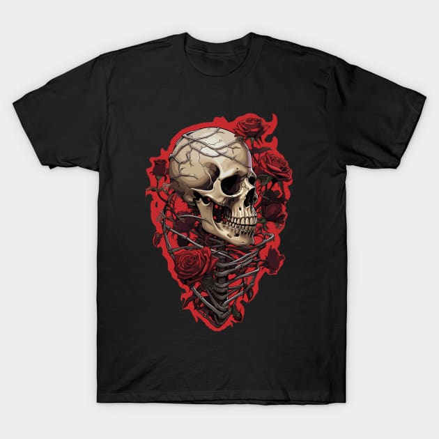 Skull And Red Rose T-Shirt by DesginsDone